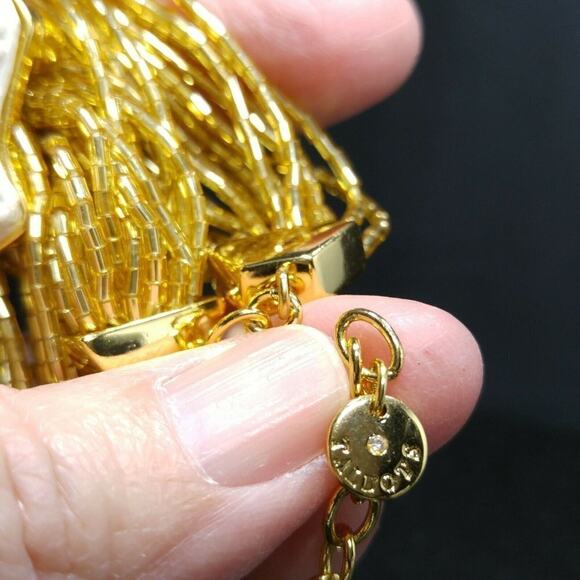 Vintage Talbots Gold Glass Bugle Beaded Necklace White Bead Shell Side Pendant - Picture 3 of 8